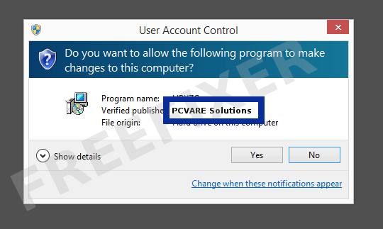 Screenshot where PCVARE Solutions appears as the verified publisher in the UAC dialog